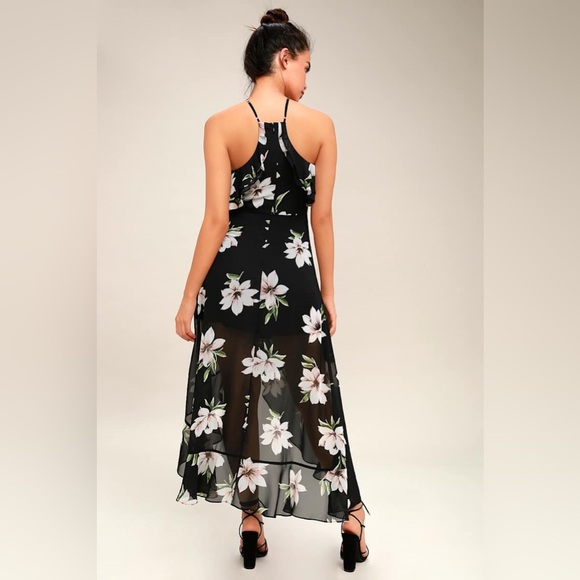 Lulus Divine Desire Black Floral Print Halter Midi Dress with Feminine Ruffles - Picture 3 of 8